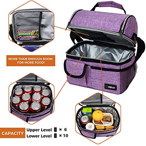 OPUX Insulated Dual Compartment Lunch Bag for Women | Double Deck Reusable Lunch Pail Cooler Bag with Shoulder Strap, Soft Leakproof Liner | Large Lunch Box Tote for Work, School (Purple), Standard