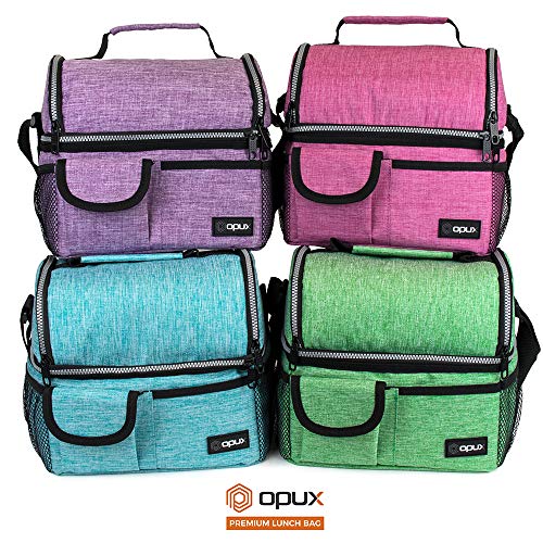 OPUX Insulated Dual Compartment Lunch Bag for Women | Double Deck Reusable Lunch Pail Cooler Bag with Shoulder Strap, Soft Leakproof Liner | Large Lunch Box Tote for Work, School (Purple), Standard