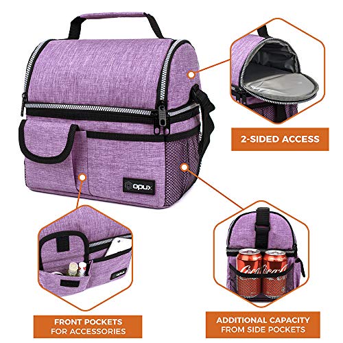 OPUX Insulated Dual Compartment Lunch Bag for Women | Double Deck Reusable Lunch Pail Cooler Bag with Shoulder Strap, Soft Leakproof Liner | Large Lunch Box Tote for Work, School (Purple), Standard