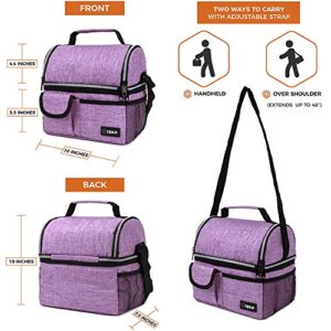 OPUX Insulated Dual Compartment Lunch Bag for Women | Double Deck Reusable Lunch Pail Cooler Bag with Shoulder Strap, Soft Leakproof Liner | Large Lunch Box Tote for Work, School (Purple), Standard