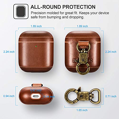 AirPods Leather Case, ICARER Genuine Leather AirPod case with Keychain and Led Light for Apple AirPods 2 Case & Airpods 1, Support Wireless Charging (Brown)