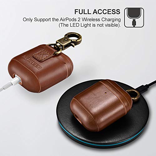 AirPods Leather Case, ICARER Genuine Leather AirPod case with Keychain and Led Light for Apple AirPods 2 Case & Airpods 1, Support Wireless Charging (Brown)