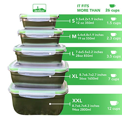 JaceBox Food Storage Containers - Stainless Steel 304 BPA FREE, Airtight, Leak Proof Set of 5 sizes Light and Easy BEnto Box Ready KEto Lifestyle Great for Meal Prep Lunch Box