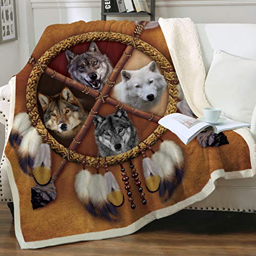 Sleepwish Wolf Blanket Native American Blankets Wolf Fleece Blanket Kids Wolf Blanket Soft Thick Dream Catcher Design Throw Blanket Brown Plush Wolf Blankets for Adults Men Boys (50"x60")