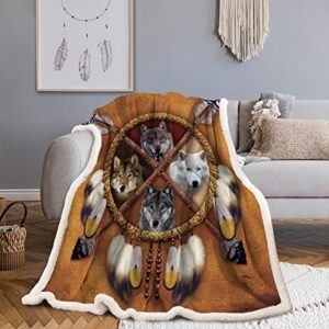 Sleepwish Wolf Blanket Native American Blankets Wolf Fleece Blanket Kids Wolf Blanket Soft Thick Dream Catcher Design Throw Blanket Brown Plush Wolf Blankets for Adults Men Boys (50"x60")