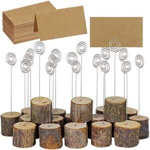supla 20 pcs rustic wood place card holders with swirl wire wooden bark memo holder stand card photo picture note clip holders 5.8" and kraft place cards bulk for wedding party table number name sign