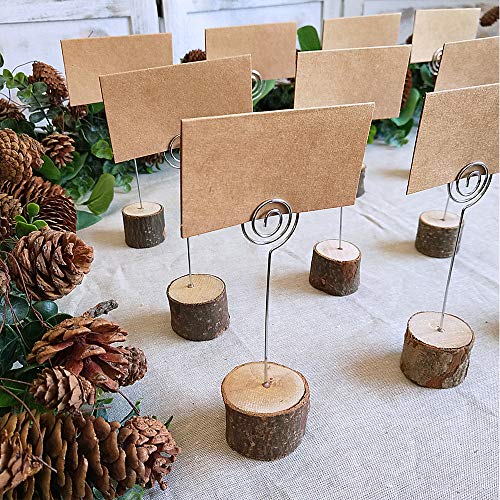 Supla 20 Pcs Rustic Wood Place Card Holders with Swirl Wire Wooden Bark Memo Holder Stand Card Photo Picture Note Clip Holders 5.8" and Kraft Place Cards Bulk for Wedding Party Table Number Name Sign