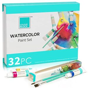 colour block 32 ultimate watercolor paint set for adults and artists, contains 24 vibrant colors, 2 brushes, 6 sheets watercolor paper, perfect for art supplies