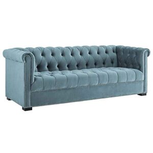modway heritage tufted performance velvet upholstered chesterfield sofa with nailhead trim in sea blue
