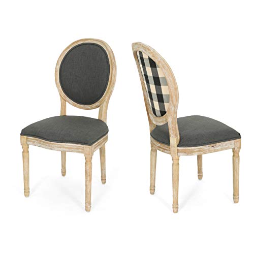 Christopher Knight Home Reed Upholstered Farmhouse Dining Chairs, (Set of 2), Dark Gray + Black Checkerboard + Natural