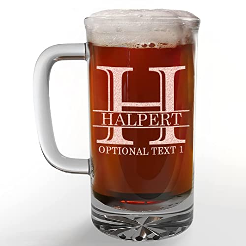 Personalized Gifts For Men Etched 16oz Glass Beer Mug – Beer Gifts, Customized Father's Day Gifts, Birthday Present Him Dad Brother, Custom Engraved, Regalos para Hombre Cumpleaños, Halpert Monogram