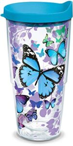 tervis plastic blue endless butterfly insulated tumbler with wrap and turquoise lid, 24oz, clear