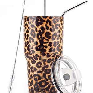 DYNAMIC SE 30oz Leopard Tumbler Double Wall Stainless Steel Vacuum Insulated Travel Mug with Splash-Proof Lid Metal Straw and Brush