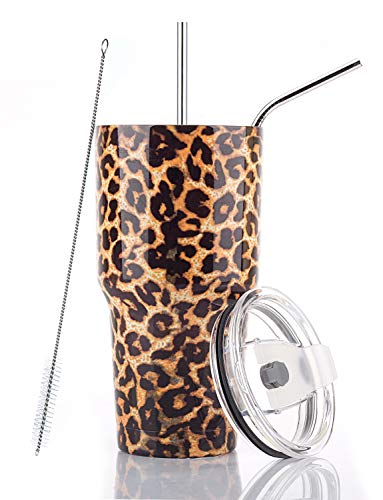 DYNAMIC SE 30oz Leopard Tumbler Double Wall Stainless Steel Vacuum Insulated Travel Mug with Splash-Proof Lid Metal Straw and Brush