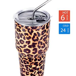 DYNAMIC SE 30oz Leopard Tumbler Double Wall Stainless Steel Vacuum Insulated Travel Mug with Splash-Proof Lid Metal Straw and Brush