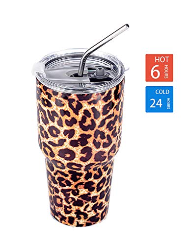 DYNAMIC SE 30oz Leopard Tumbler Double Wall Stainless Steel Vacuum Insulated Travel Mug with Splash-Proof Lid Metal Straw and Brush