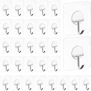 30 Packs Adhesive Wall Hooks Strong 11 lbs/ 5 kg Seamless Clear Transparent Hooks for Towel Loofah Bathrobe Coats Hanger Clearly Waterproof Hooks