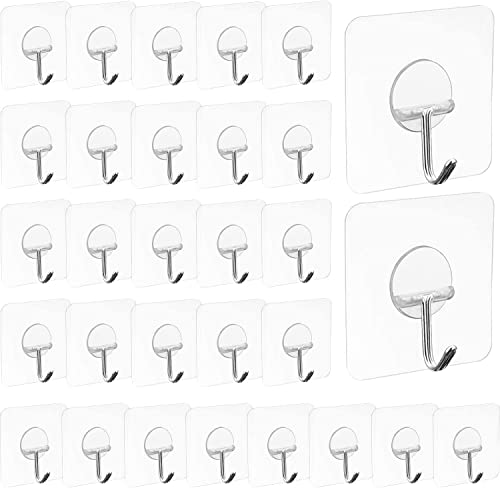 30 Packs Adhesive Wall Hooks Strong 11 lbs/ 5 kg Seamless Clear Transparent Hooks for Towel Loofah Bathrobe Coats Hanger Clearly Waterproof Hooks