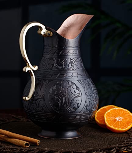 DEMMEX The Pitcher, 1mm Solid Copper Handmade Engraved Copper Pitcher Vessel Ayurveda Jug for Drinking Water, Moscow Mule, Cocktail (Antiqued-Engraved)