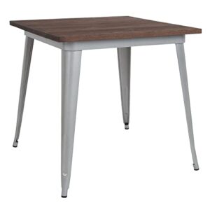 flash furniture toby 31.5" square silver metal indoor table with walnut rustic wood top