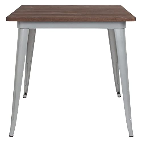 Flash Furniture Toby 31.5" Square Silver Metal Indoor Table with Walnut Rustic Wood Top