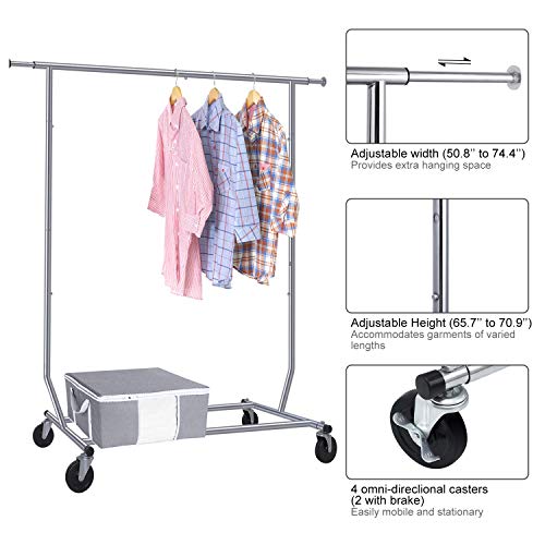 Camabel Clothing Garment Rack Capacity 300 lbs Heavy Duty Adjustable Rolling Moveable Commercial Grade Steel Extendable hanging drying High Chrome With Brake Metal Shelf on with Wheels for Boxes BG384