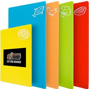 gorilla grip cutting boards for kitchen, set of 5 durable mats with food icons, flexible dishwasher safe plastic, slip resistant bpa free large mat for meat, fish, vegetables, chopping board, multi