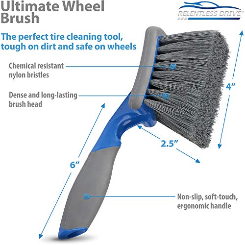 Relentless Drive Car Wheel Brush - Auto Detailing Car Wash Brush, Ergonomic Grip with Long Handle for Tires and Wheels, Wheel Cleaner Brush for Car, Truck, SUV & Tesla - Tire Shine Applicator