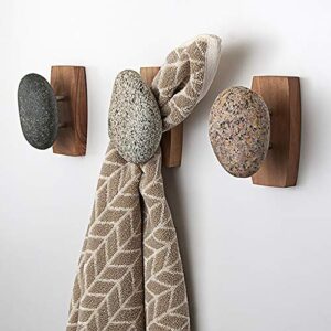 sea stones coast hook - coat hook - hand selected, natural stone wall hook with elegant wooden backplate - hang your coats, towels, robes & more with both indoors & outdoor uses (3 pack, cherry)
