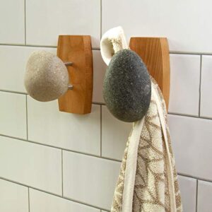 Sea Stones Coast Hook - Coat Hook - Hand Selected, Natural Stone Wall Hook with Elegant Wooden Backplate - Hang Your Coats, Towels, Robes & More with Both Indoors & Outdoor Uses (3 Pack, Cherry)