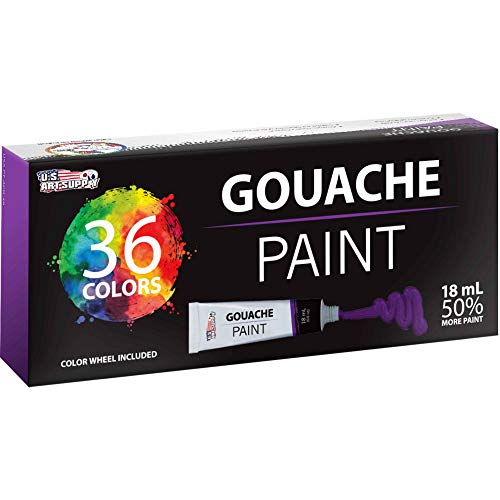 U.S. Art Supply Professional 36 Color Set of Gouache Paint in Large 18ml Tubes - Rich Vivid Colors for Artists, Students, Beginners - Canvas Portrait Paintings - Color Mixing Wheel