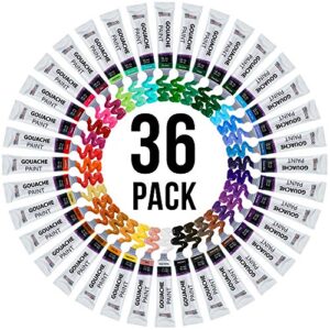 U.S. Art Supply Professional 36 Color Set of Gouache Paint in Large 18ml Tubes - Rich Vivid Colors for Artists, Students, Beginners - Canvas Portrait Paintings - Color Mixing Wheel