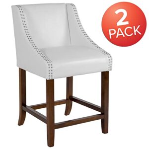 Flash Furniture Carmel Series 24" High Transitional Walnut Counter Height Stool with Nail Trim in White LeatherSoft, Set of 2