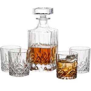 goodglassware whiskey decanter and glasses (5 piece set) – elegant liquor carafe with ornate solid glass stopper and 4 matching whisky tumblers - lead-free and dishwasher safe transparent