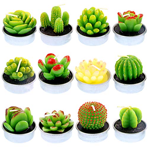 Glarks 12Pcs Unique Designs Cactus Tealight Candles Set, Handmade Delicate Succulent Cactus Artificial Succulents Tealight Candles Perfect for Birthday Party Valentine's Day Wedding Spa Home Decor