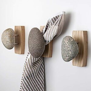 sea stones coast hook - coat hook - hand selected, natural stone wall hook with elegant wooden backplate - hang your coats, towels, robes & more with both indoors & outdoor uses (3 pack, ash)