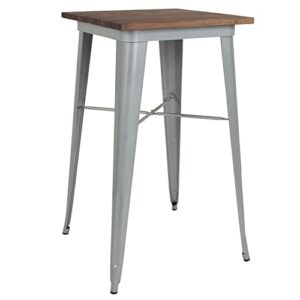 flash furniture prince 23.5" square silver metal indoor bar height table with walnut rustic wood top