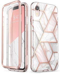 i-blason cosmo full-body bumper case with built-in screen protector for iphone xr 2018 release, pink marble, 6.1"