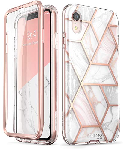 i-Blason Cosmo Full-Body Bumper Case with Built-in Screen Protector for iPhone XR 2018 Release, Pink Marble, 6.1"