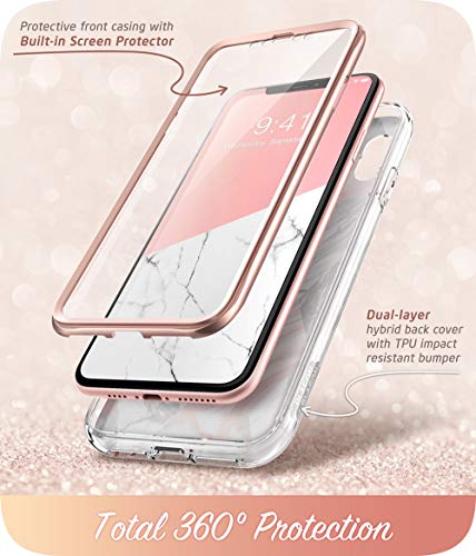 i-Blason Cosmo Full-Body Bumper Case with Built-in Screen Protector for iPhone XR 2018 Release, Pink Marble, 6.1"