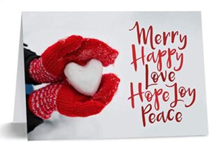 red mittens heart holiday christmas card - set of 25 cards, 5'' x 7'' folded. verse inside. made in the usa. blank white envelopes