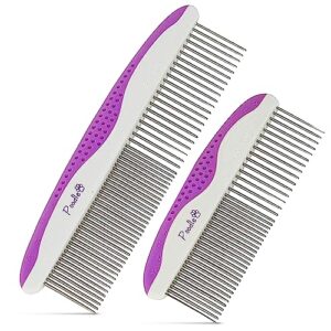 poodle pet dog combs for grooming | 2 pack | stainless steel teeth easily remove dirt | proper care prevents knots and mats for long and short haired pets |anti-slip comfort grip handle| purple