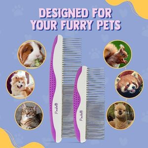 Poodle Pet Dog Combs for Grooming | 2 Pack | Stainless Steel Teeth Easily Remove Dirt | Proper Care Prevents Knots and Mats for Long and Short Haired Pets |Anti-Slip Comfort Grip Handle| Purple