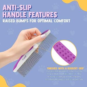 Poodle Pet Dog Combs for Grooming | 2 Pack | Stainless Steel Teeth Easily Remove Dirt | Proper Care Prevents Knots and Mats for Long and Short Haired Pets |Anti-Slip Comfort Grip Handle| Purple