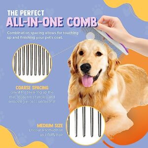 Poodle Pet Dog Combs for Grooming | 2 Pack | Stainless Steel Teeth Easily Remove Dirt | Proper Care Prevents Knots and Mats for Long and Short Haired Pets |Anti-Slip Comfort Grip Handle| Purple