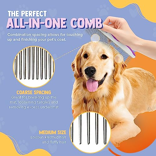 Poodle Pet Dog Combs for Grooming | 2 Pack | Stainless Steel Teeth Easily Remove Dirt | Proper Care Prevents Knots and Mats for Long and Short Haired Pets |Anti-Slip Comfort Grip Handle| Purple