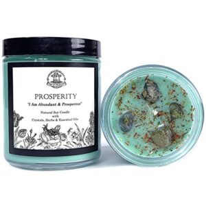 prosperity soy affirmation candle | natural soy wax | jade crystals, herbs & essential oils | abundance, good fortune, wealth, money, success rituals | wiccan, pagan, metaphysical