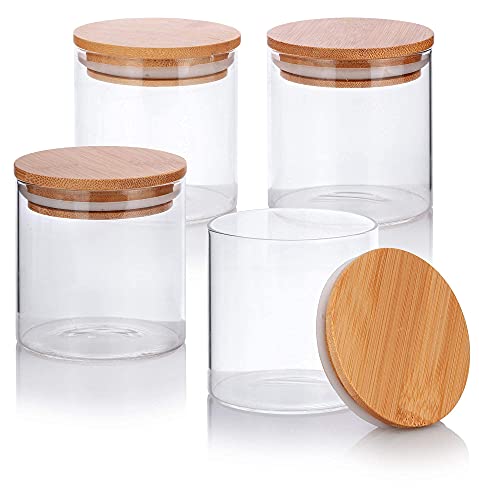 JUVITUS 8 oz Clear Glass Borosilicate Jars with Bamboo Lid (4 Pack) Microwave and Dishwasher Safe