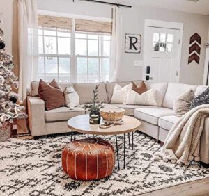 hauteloom berber shag - godalming farmhouse living room bedroom area rug with tassel - fluffy plush high pile carpet - soft shaggy rug, moroccan trellis - white, beige, cream, black - 5'3" x 7'3"
