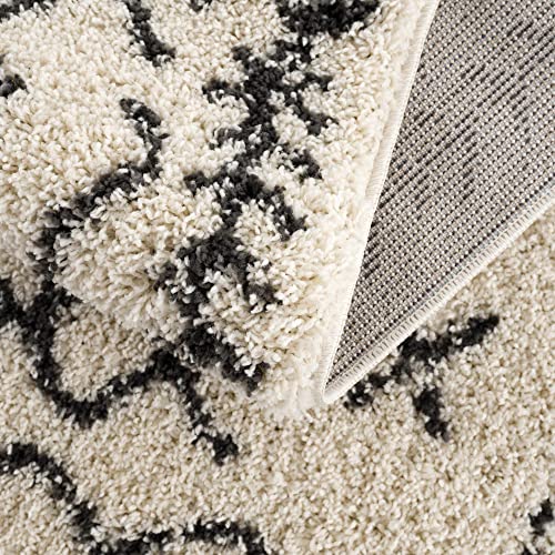 Hauteloom Berber Shag - Godalming Farmhouse Living Room Bedroom Area Rug with Tassel - Fluffy Plush High Pile Carpet - Soft Shaggy Rug, Moroccan Trellis - White, Beige, Cream, Black - 5'3" x 7'3"